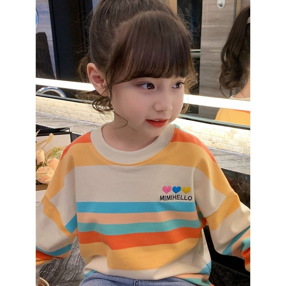 Girls Striped Polyester Pullover Sweatshirt, Long Sleeve