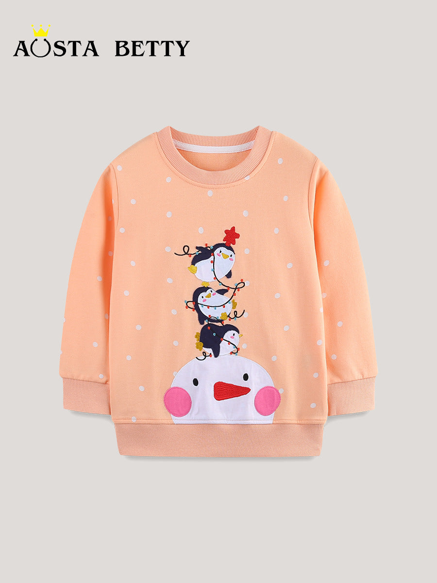 Girls 100% Cotton Pullover Sweater with Animal Cartoon Print