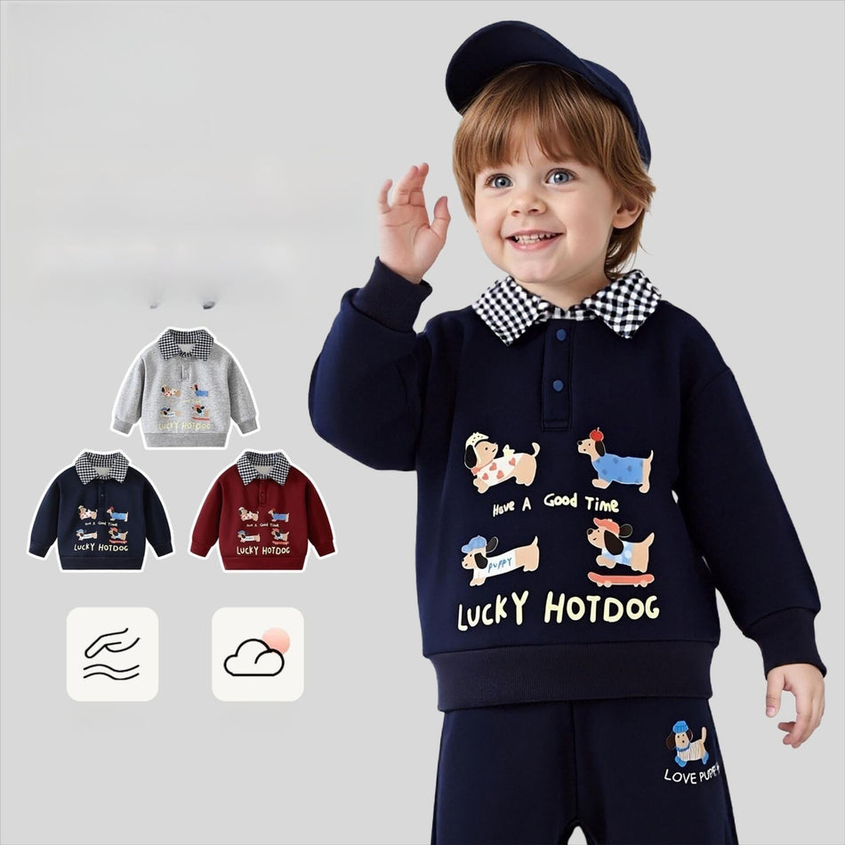 Kids Cotton Pullover with Puppy Print, Autumn Casual Top