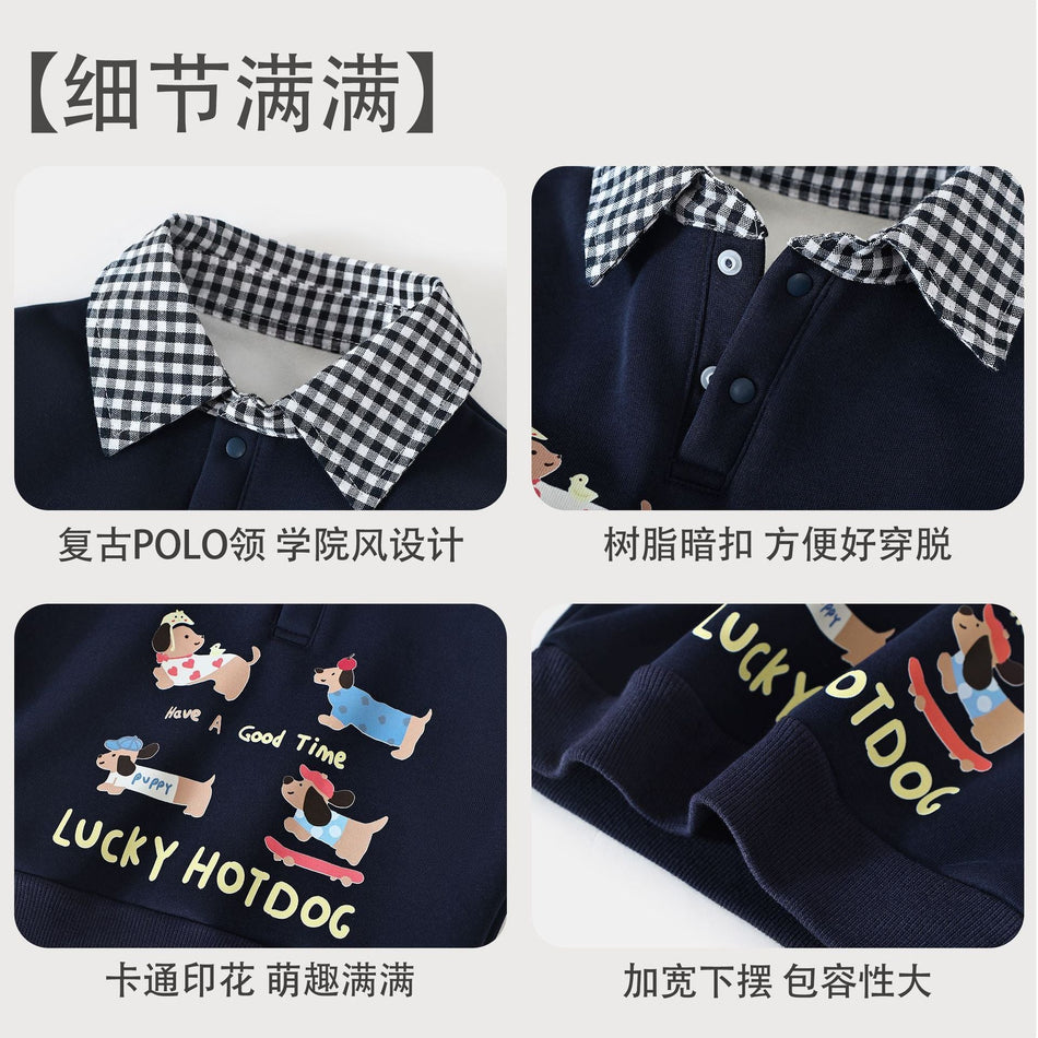 Kids Cotton Pullover with Puppy Print, Autumn Casual Top