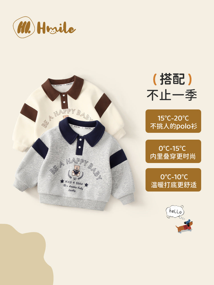 Boys Single-Breasted Lapel Sweater with Bear Cartoon Print