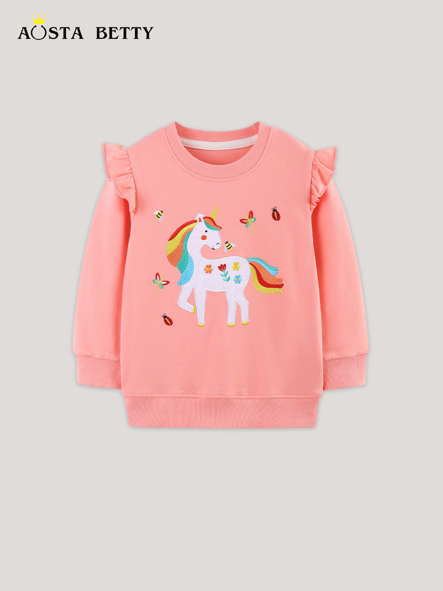 Girls 100% Cotton Round Neck Pullover with Cartoon Print