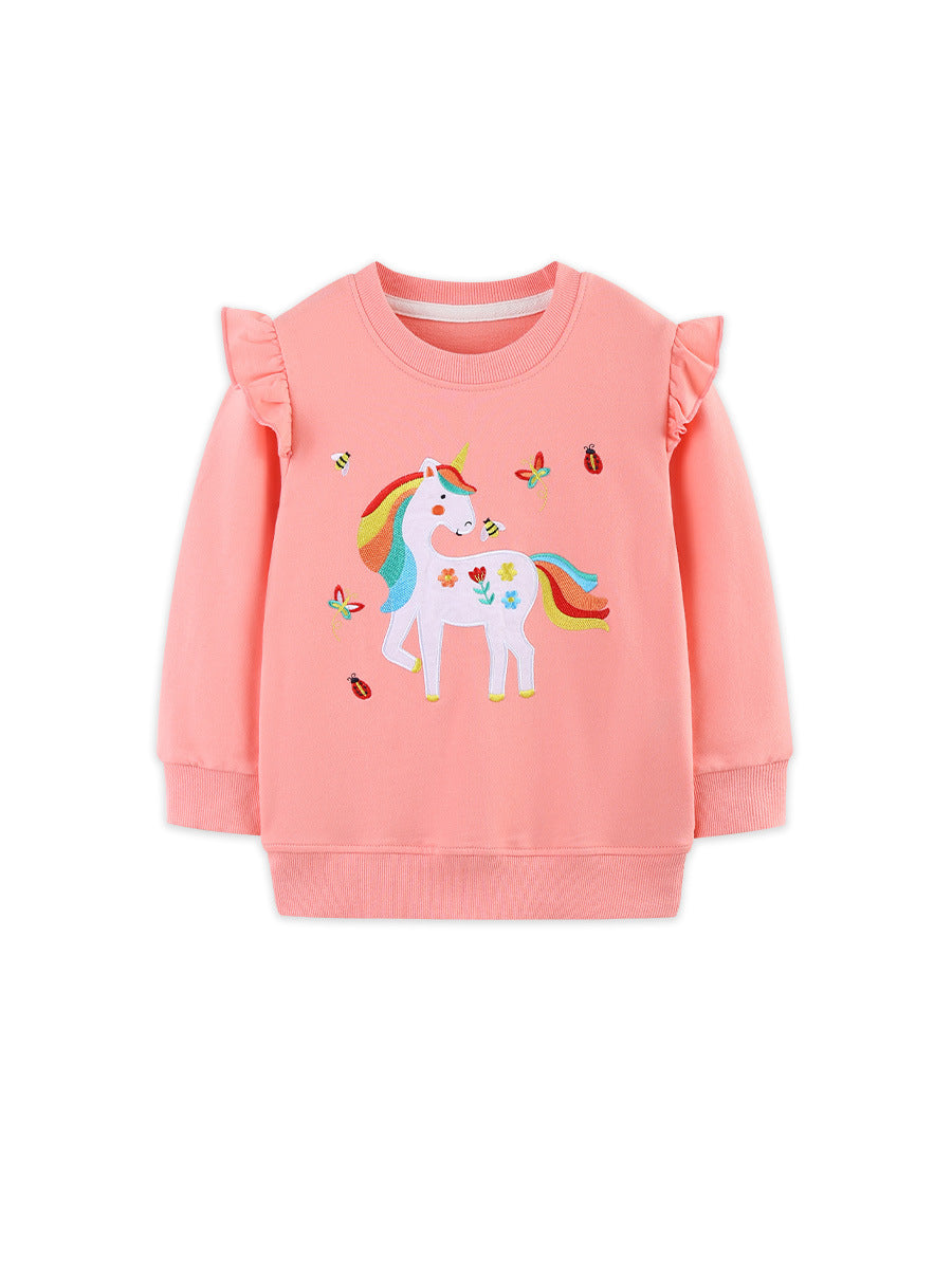 Girls 100% Cotton Round Neck Pullover with Cartoon Print