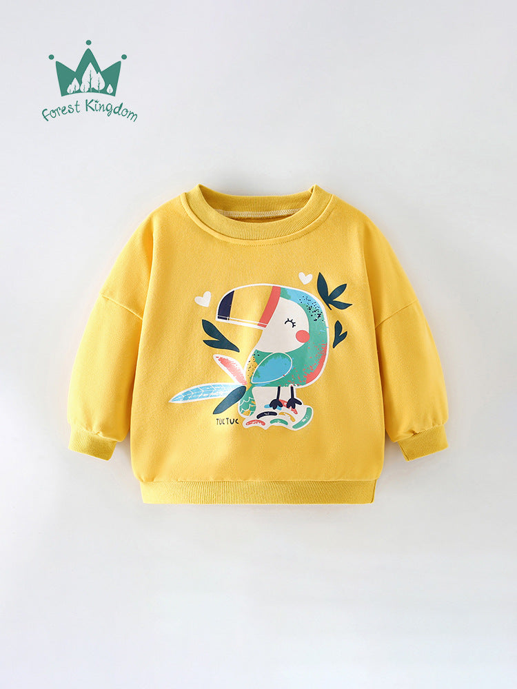 Girls Cotton Round Neck Pullover with Animal Cartoon Print