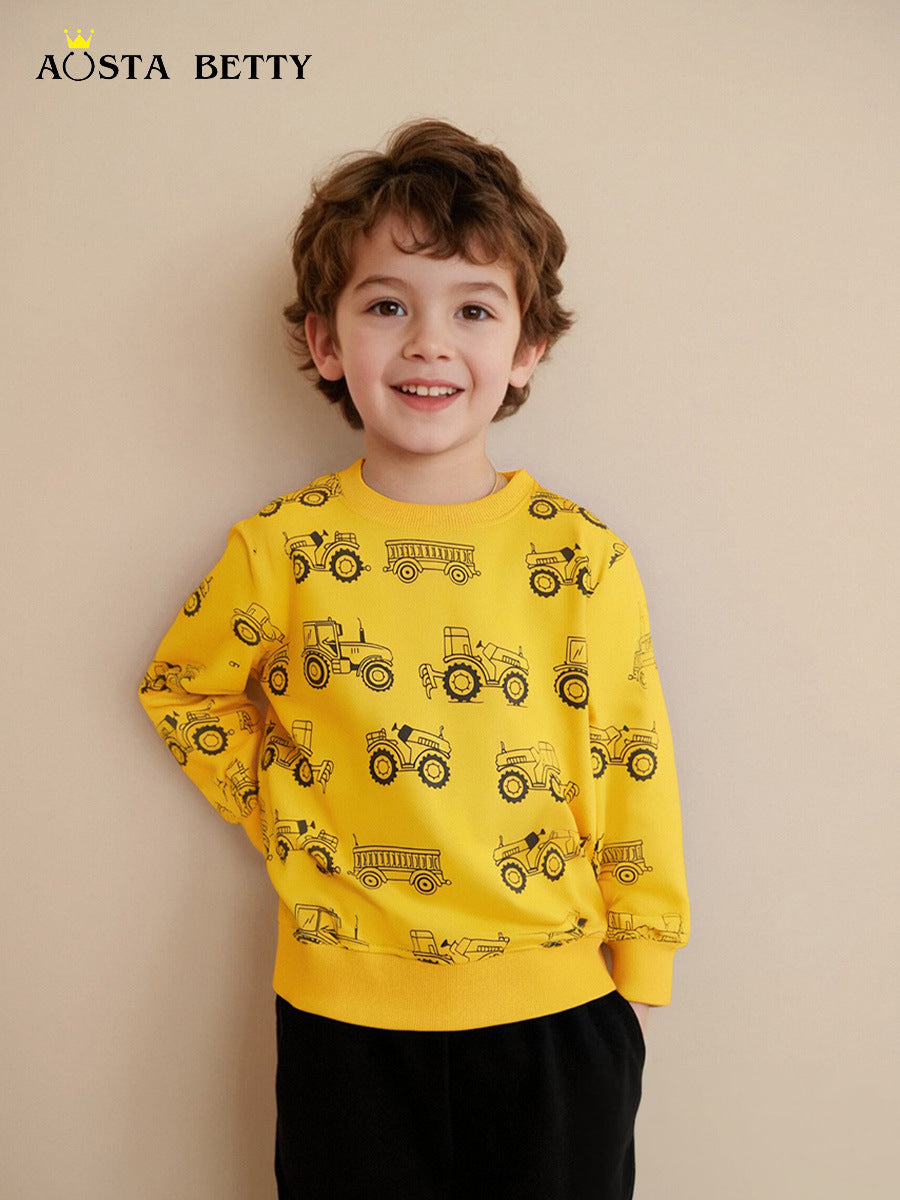 Boys 100% Cotton Round Neck Pullover with Cartoon Print