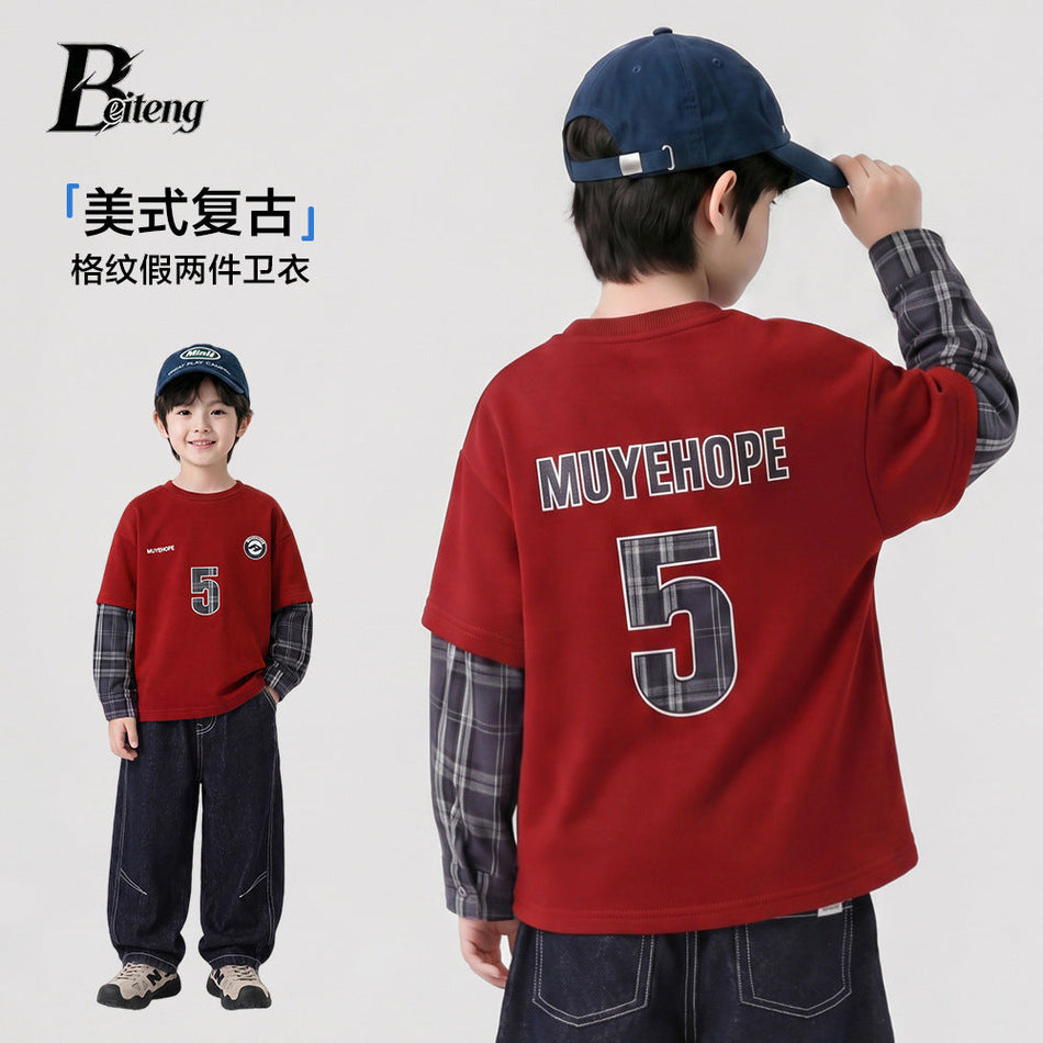 Boys Color-Panel Sweater with Letter and Lattice Pattern