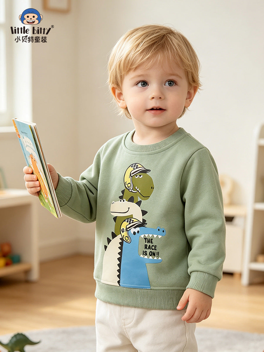 Boys Crew Neck Sweater with Animal Cartoon Print, 250g Knit