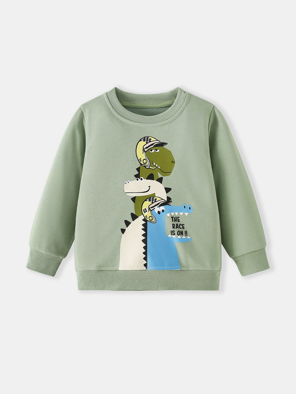 Boys Crew Neck Sweater with Animal Cartoon Print, 250g Knit