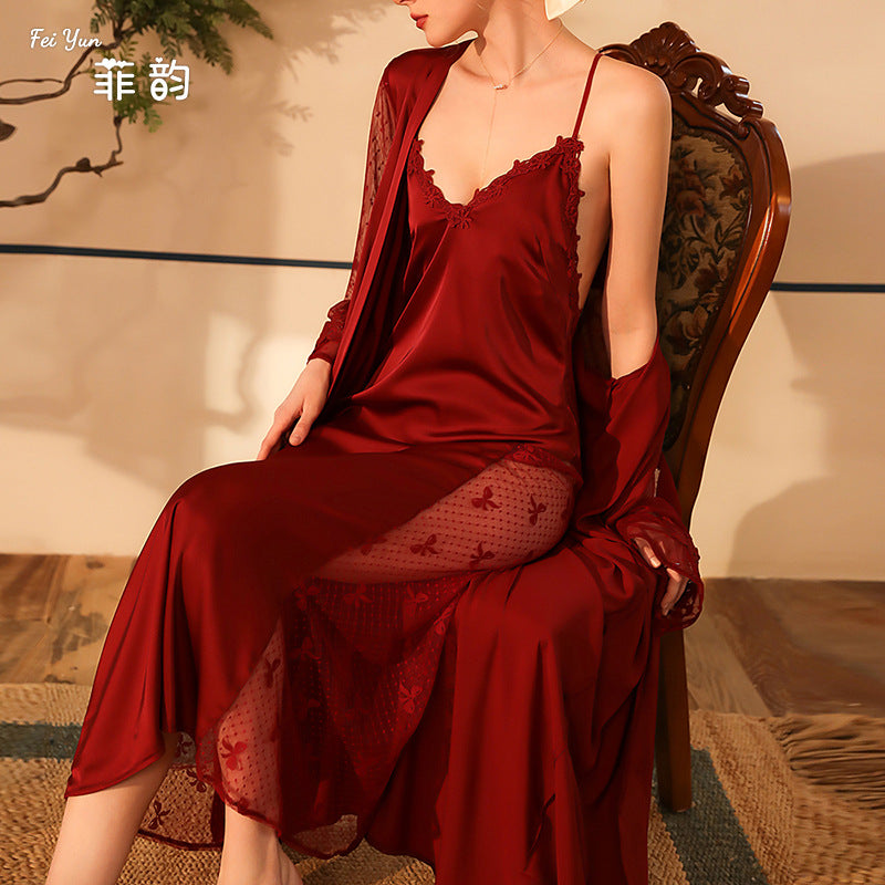 Satin V-Neck Long-Sleeve Bathrobe Pajama Set for Women