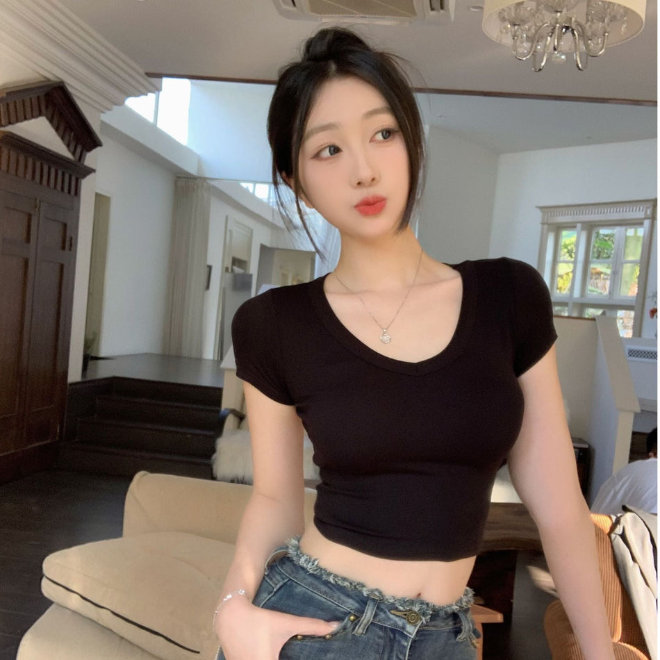 Cotton V-Neck Slim Fit Cropped T-Shirt for Women