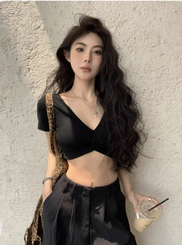 Milk Silk Deep V-Neck Slim Fit Cropped T-Shirt for Women