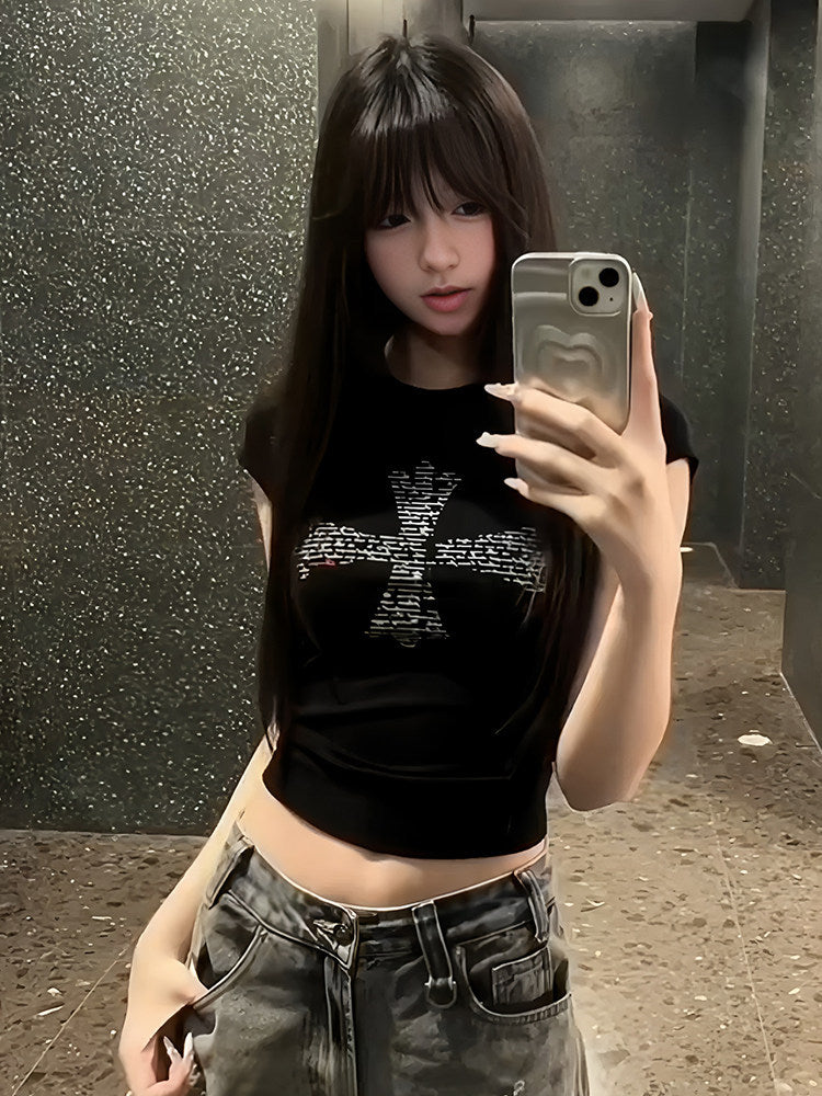 Black Cross Print Slim Fit Cropped T-Shirt for Women