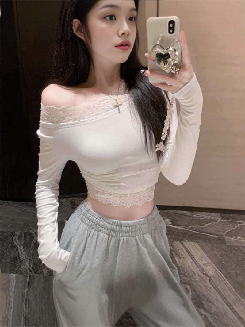 Asymmetrical Off-Shoulder Lace Trim Long-Sleeve Top for Women