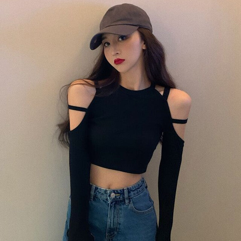 Black Slim Fit Off-Shoulder Long-Sleeve Top for Women