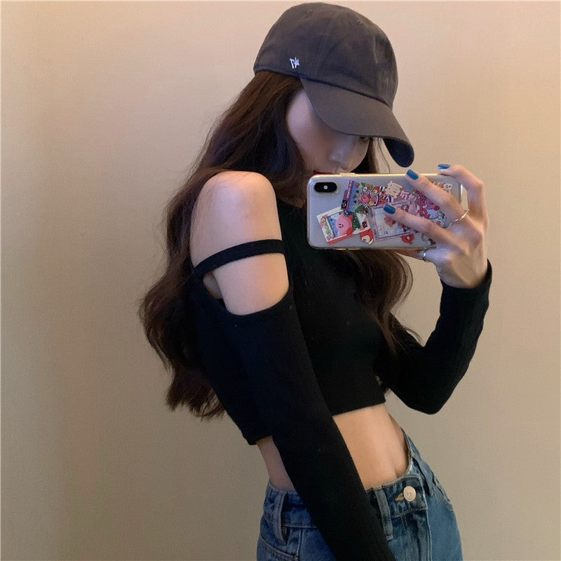 Black Slim Fit Off-Shoulder Long-Sleeve Top for Women