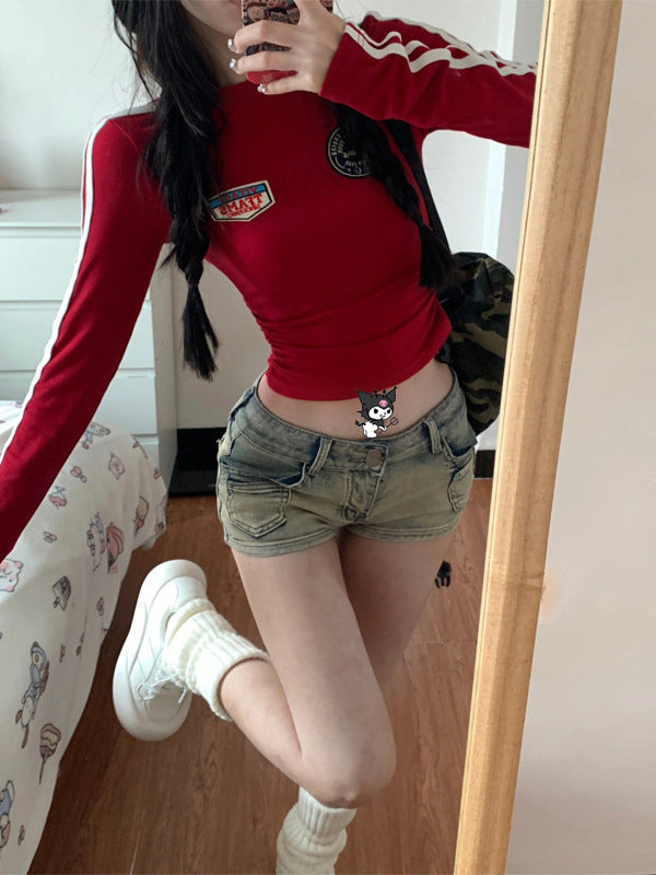 Red Printed Round Neck Slim Fit Long-Sleeve Base T-Shirt