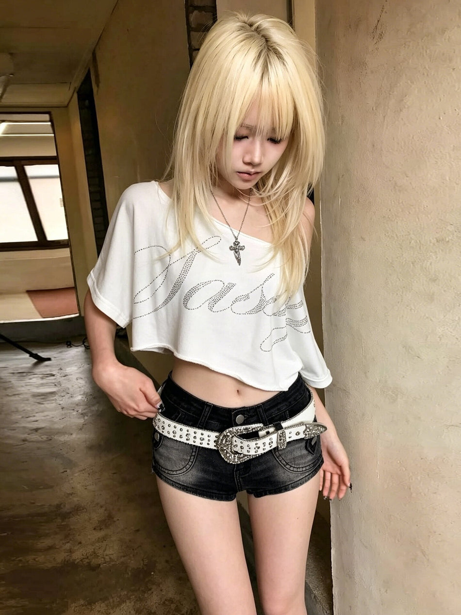 Rhinestone Letter Off-Shoulder Slim Fit Cropped T-Shirt