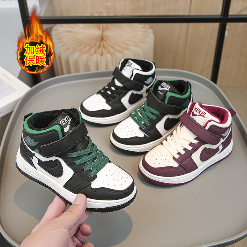 Leather High-Top Kids Sneakers, Non-Slip Velcro Strap