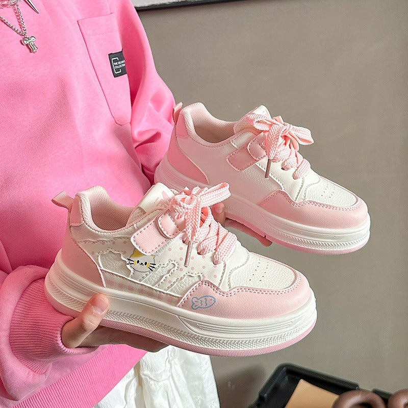 Kitten-Design PU Sneakers for Girls, Lightweight Fit