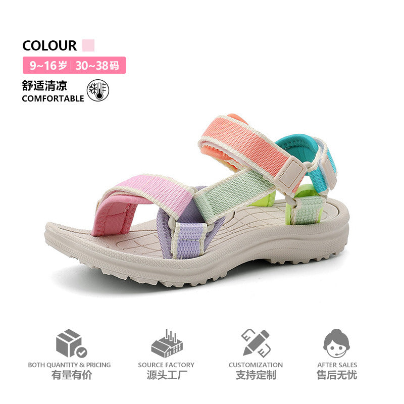 Linen Macaron-Color Beach Sandals, Soft-Sole Velcro Fit