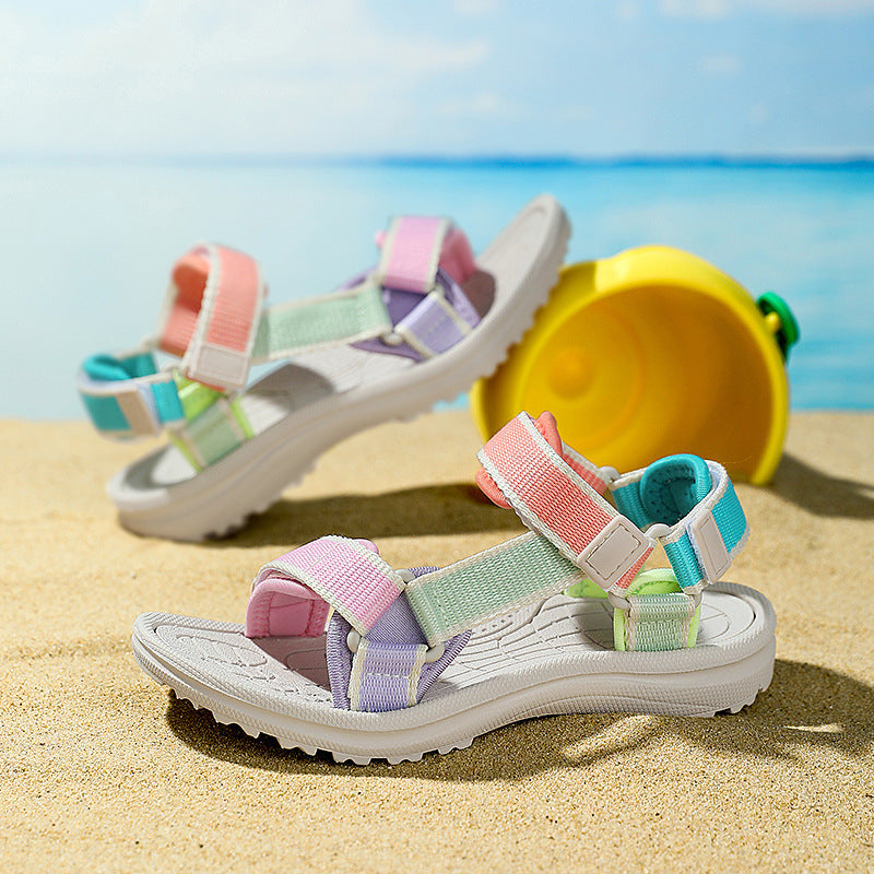 Linen Macaron-Color Beach Sandals, Soft-Sole Velcro Fit