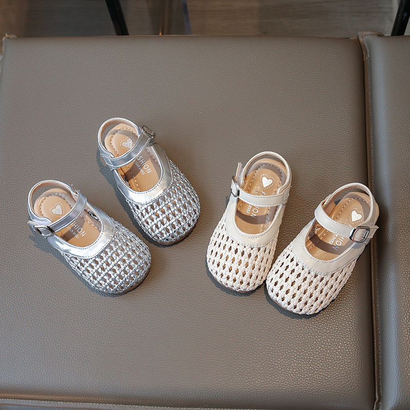 Woven Hollow-Out Girls' Half-Sandals with Velcro Strap