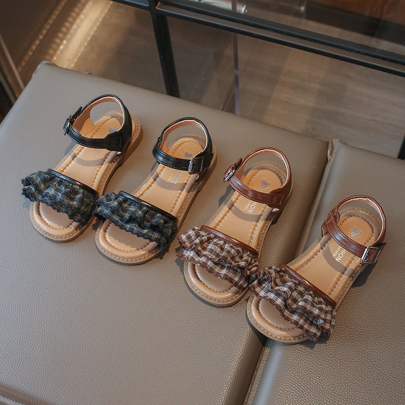 Roman-Style Mesh Lace Girls' Beach Sandals with Floral Print