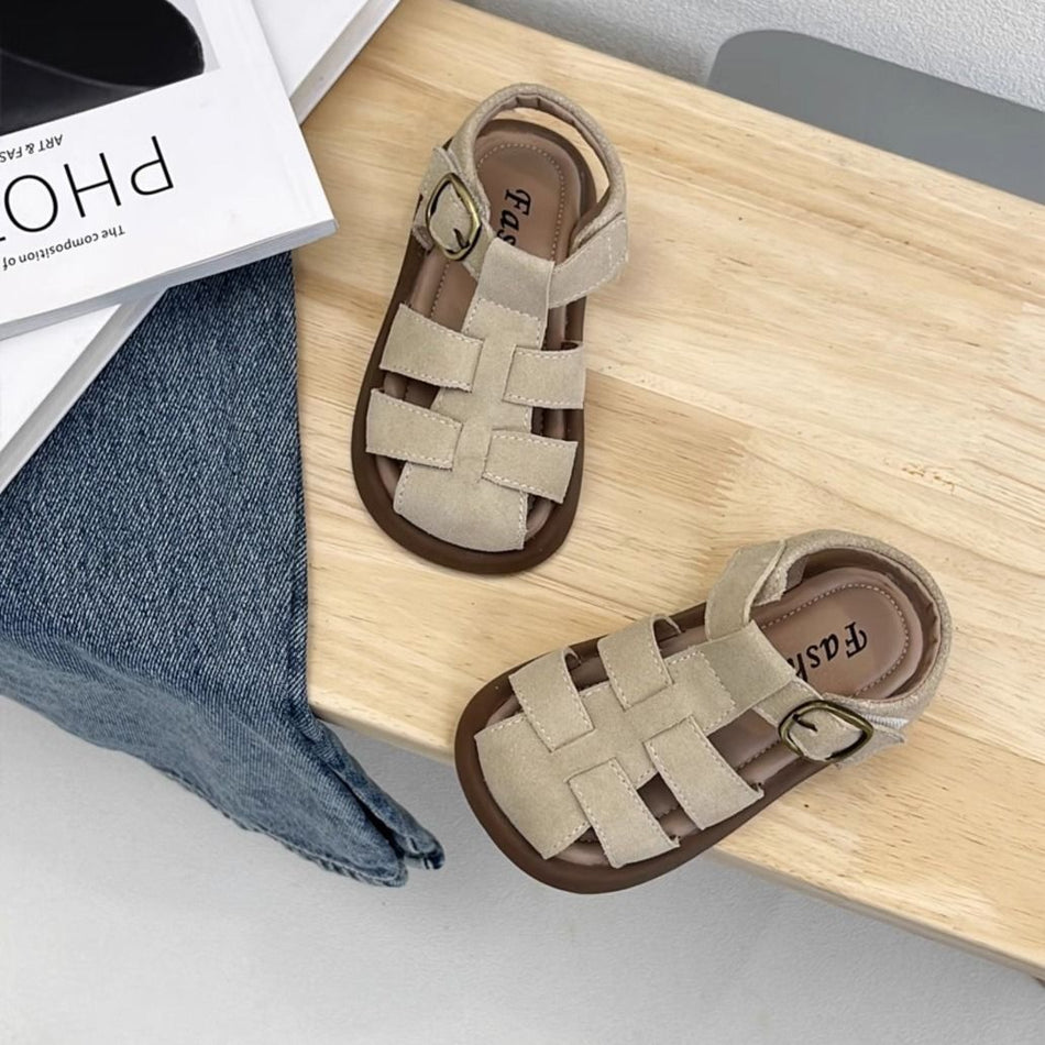 Woven Closed-Toe Girls' Roman Sandals with Soft Non-Slip Sole