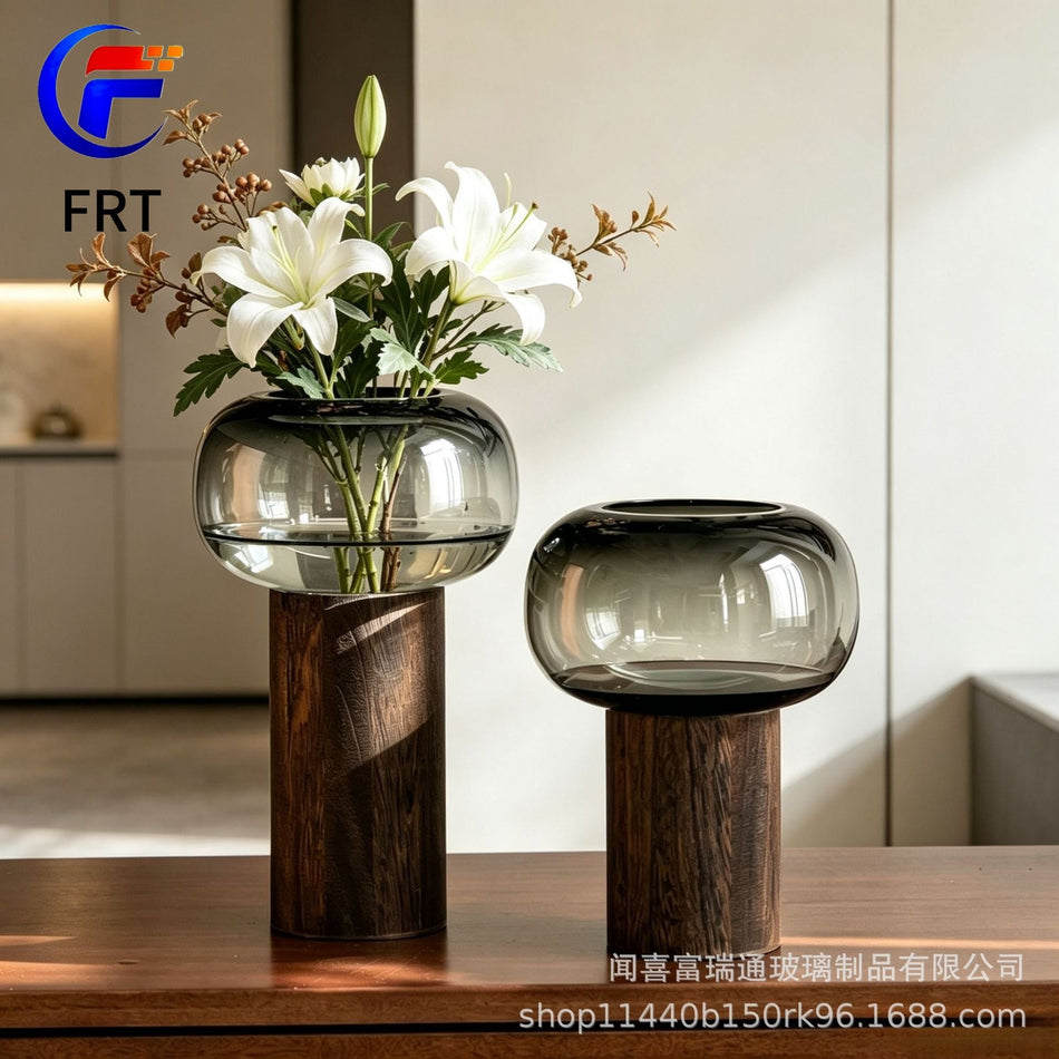 Handmade Glass Vase with Wooden Stump Base for Home Decor