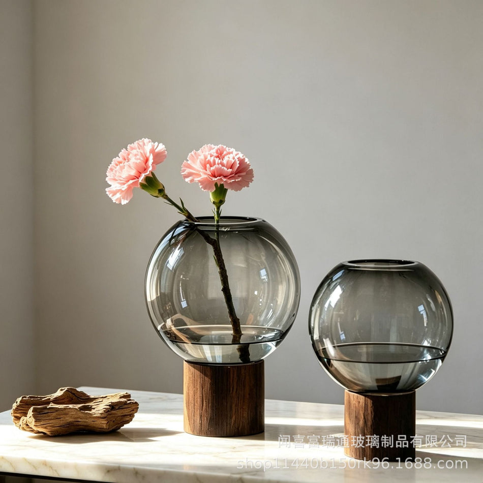 Handmade Glass Vase with Wooden Stump Base for Home Decor
