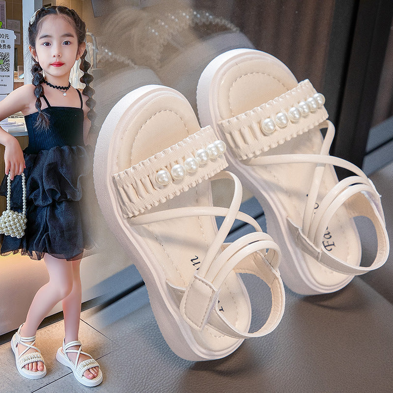 Pearl-Accented Girls' Roman Sandals with Soft Flat Sole