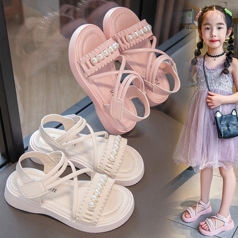 Pearl-Accented Girls' Roman Sandals with Soft Flat Sole