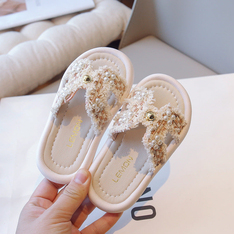 Beaded Girls' Indoor Slides with Breathable Anti-Slip Sole