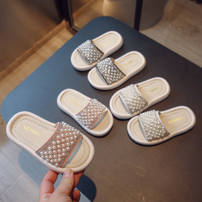 Pearl-Beaded Princess Slides for Girls with Anti-Slip Sole