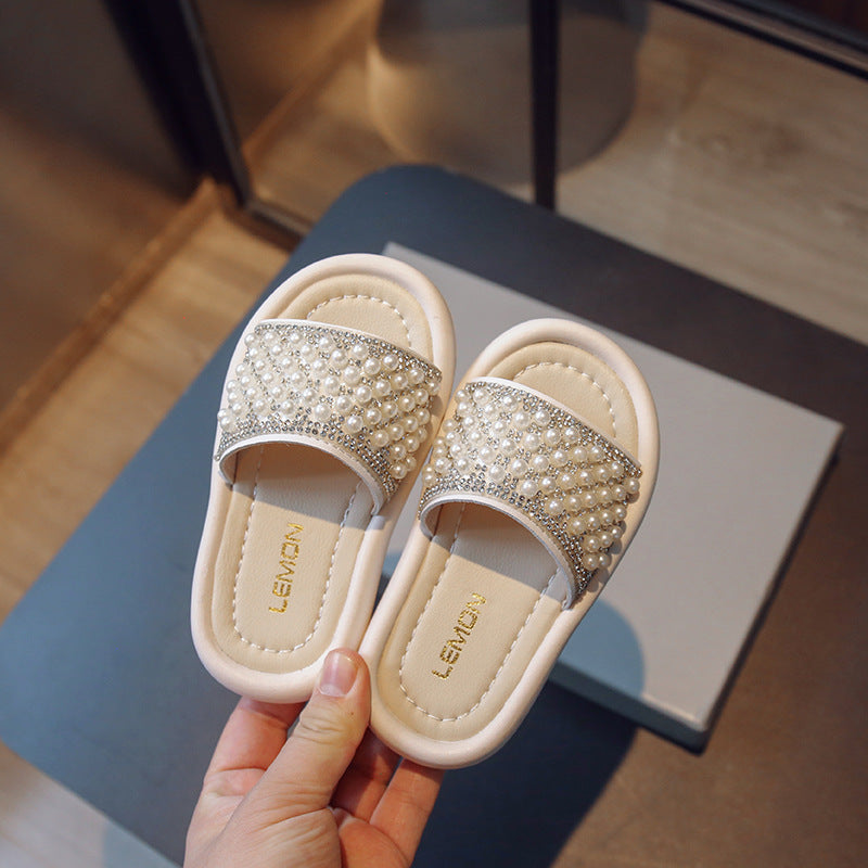 Pearl-Beaded Princess Slides for Girls with Anti-Slip Sole