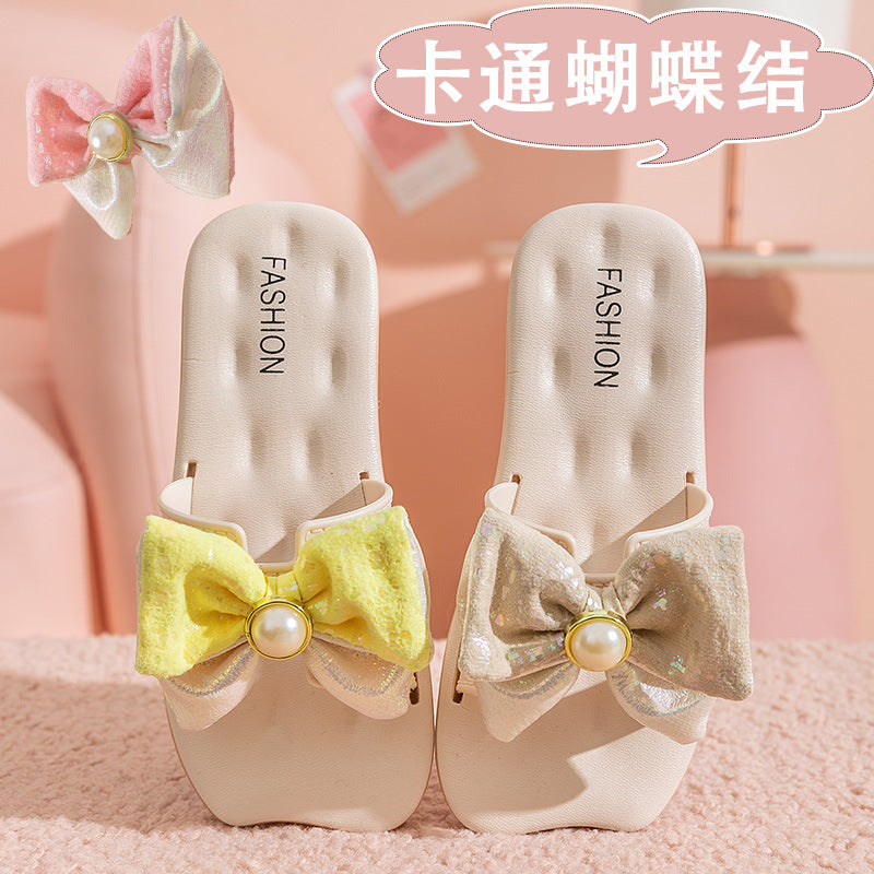 Pearl Fleece Bow Slides for Girls with Anti-Slip Sole