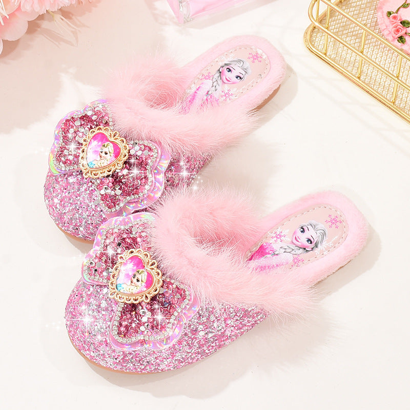 Velvet Princess Slides for Girls with Warm Wool Lining