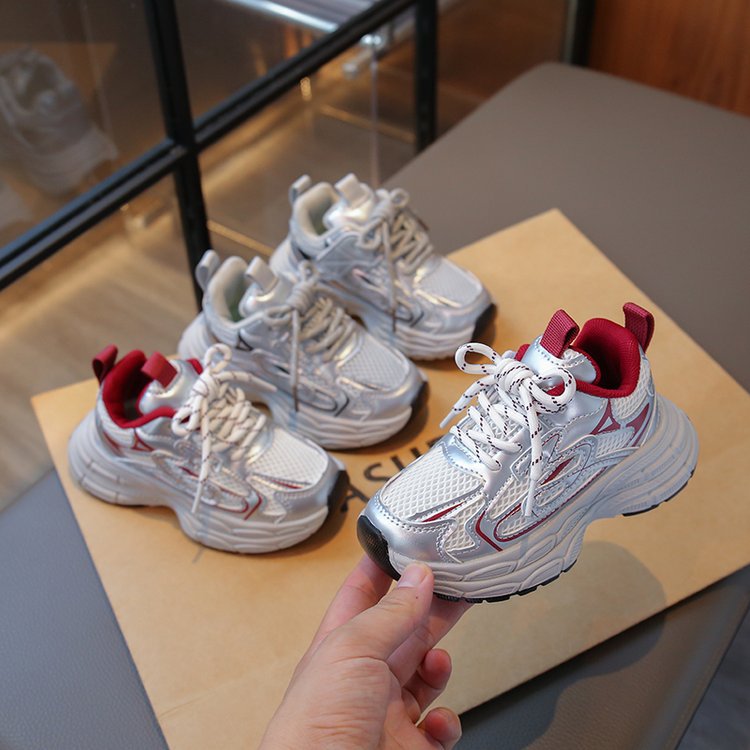 Solid Color Girls' Dad Shoes, Red & Silver