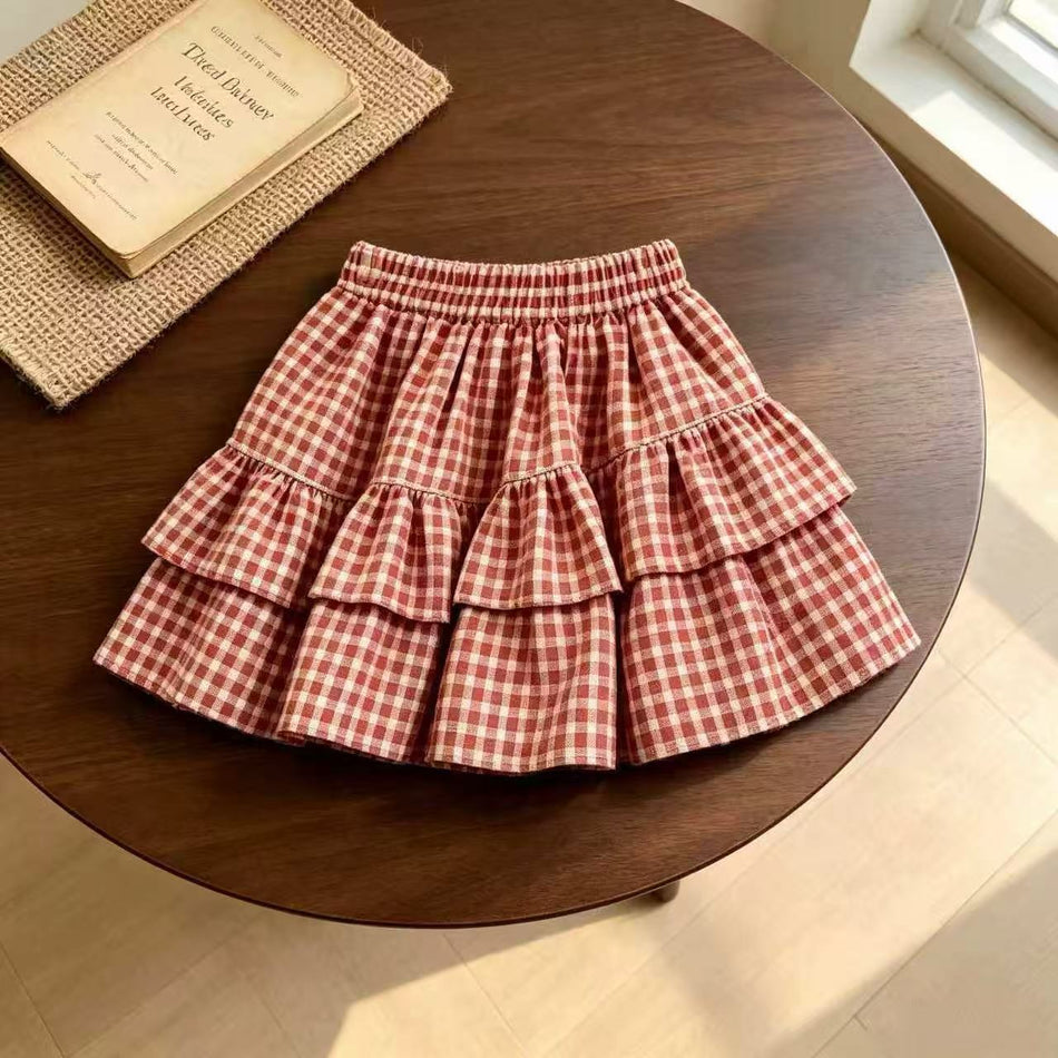 Girls' Nylon Blend Red & White Plaid Skirt
