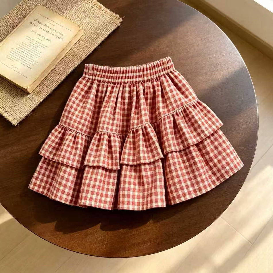 Girls' Nylon Blend Red & White Plaid Skirt