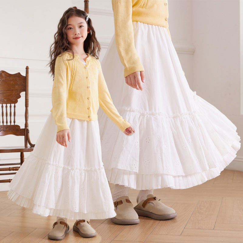 Girls' Cotton Soft Pleated Lace Long Skirt