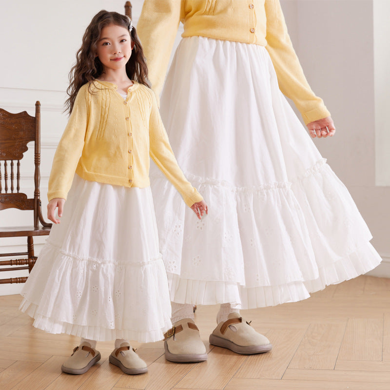 Girls' Cotton Soft Pleated Lace Long Skirt
