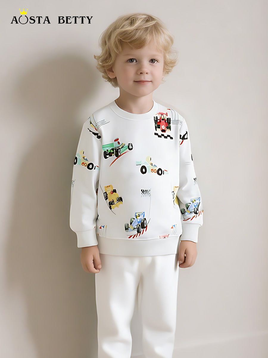 Boys' 100% Cotton Soft Knit Car Print Pullover Sweatshirt