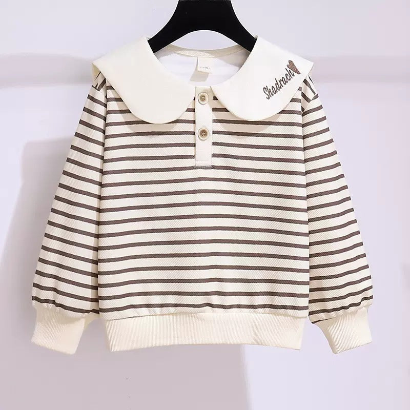Girls' Preppy Striped Doll Collar Pullover Sweatshirt