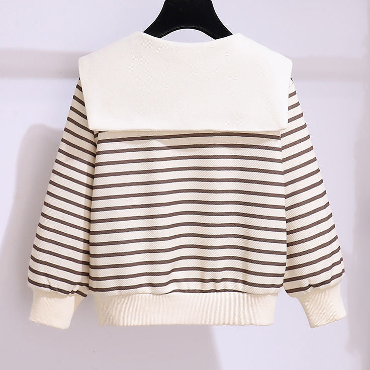 Girls' Preppy Striped Doll Collar Pullover Sweatshirt