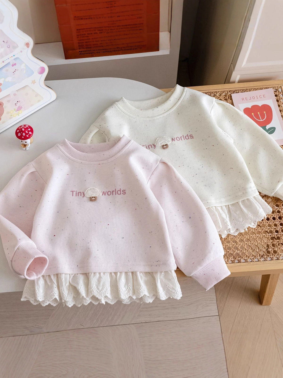 Girls' Soft Knit Mushroom Print Lace Sweatshirt