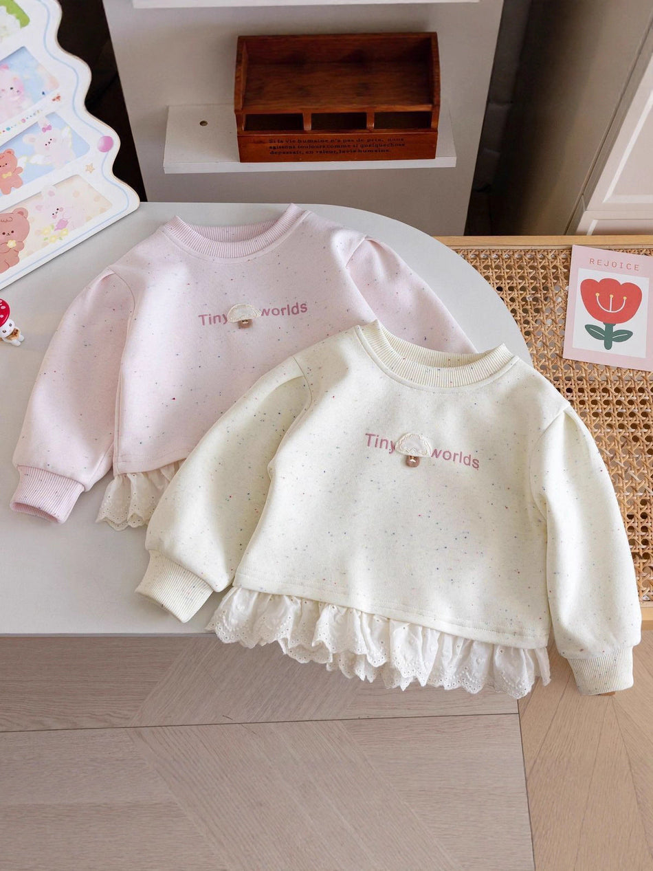 Girls' Soft Knit Mushroom Print Lace Sweatshirt