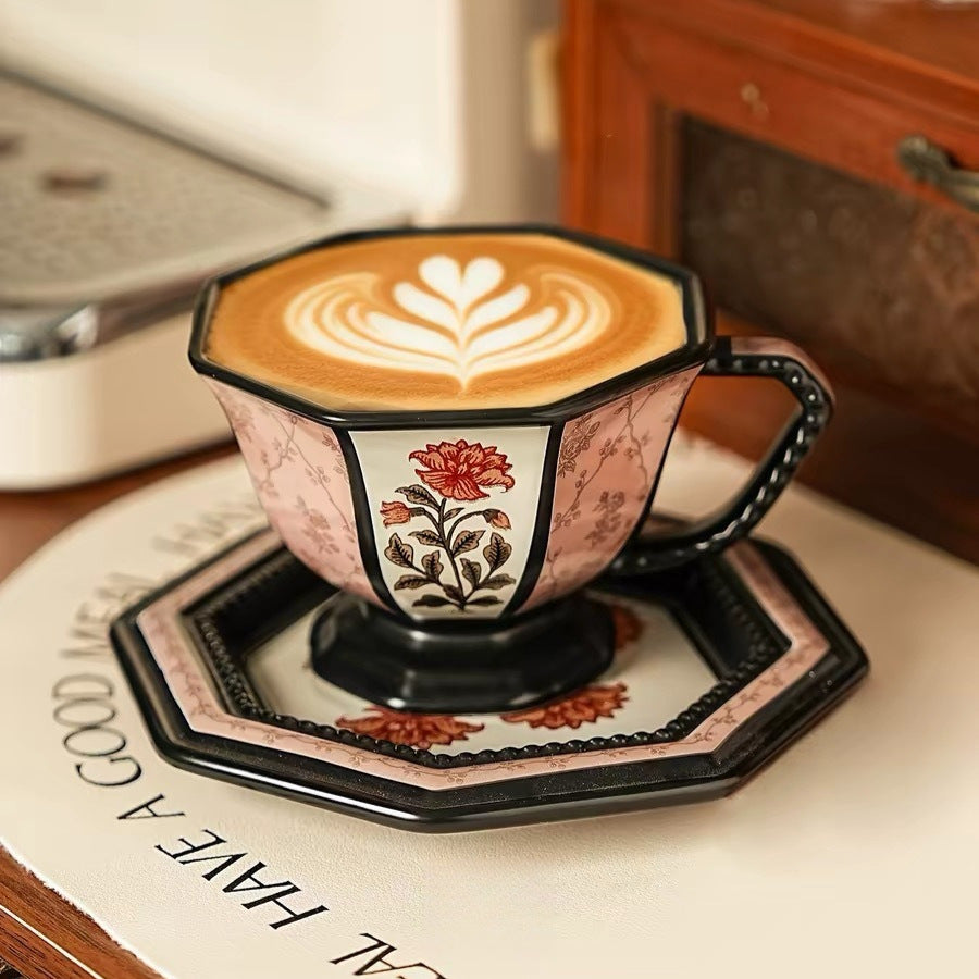 Octagonal Ceramic Coffee Cup and Saucer with Peony Pattern