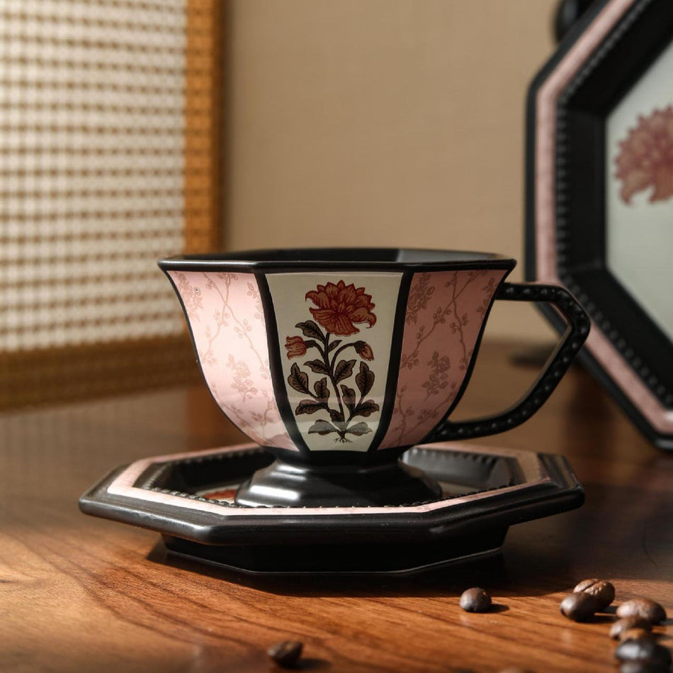 Octagonal Ceramic Coffee Cup and Saucer with Peony Pattern