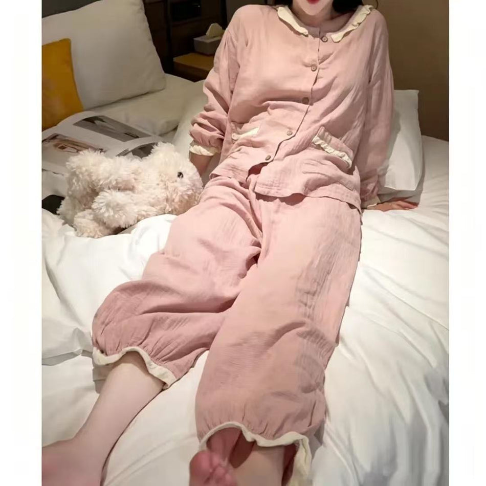 Women's Cloud Cotton Pajama Set with Lace Trim and Chest Pads